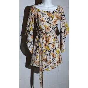 Essue Floral Print Dress Bell Sleeve Off Shoulder Tie Waist Mini Dress Small